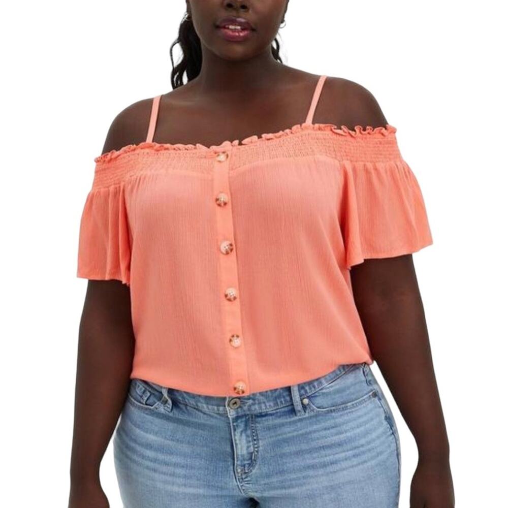 NWT Torrid Esther Rayon Crepe Short Sleeve Smocked Cold Shoulder Top in Coral 1X